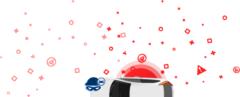 A graphic showing a car wrapped in crime scene tape, a burglar mask, and a beanie featuring a car icon, on a red background.