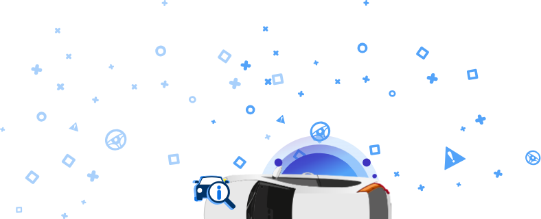 An illustration featuring a white car from the top with blue icons around it and the word VIN.