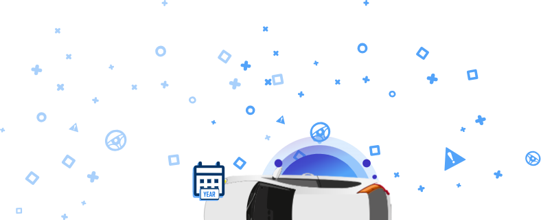 A white car seen from the top with blue icons, including the word REGISTERED and other automotive symbols.