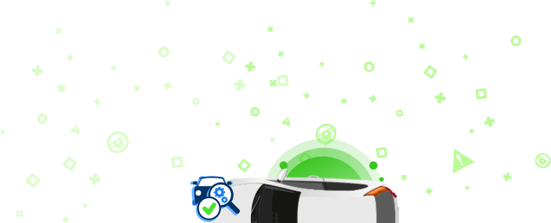 White car from the top and icons all around, including the inscription SERVICED? and the symbol VIN and other automotive symbols