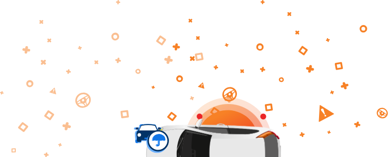 White car seen from the top with orange icons, including the word INSURED? and other automotive symbols