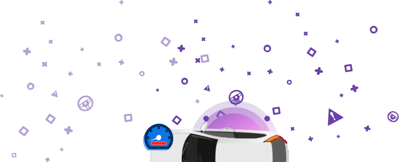 An image featuring a damaged vehicle with a speedometer showing a red bar, placed against a purple background.