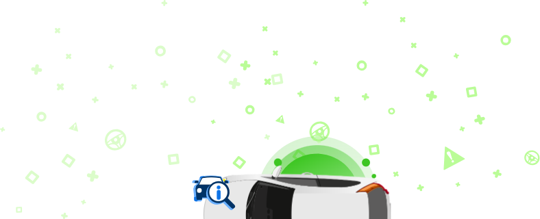 An illustration of a car with a magnifying glass displaying an information icon, set against a green background with decorative shapes.