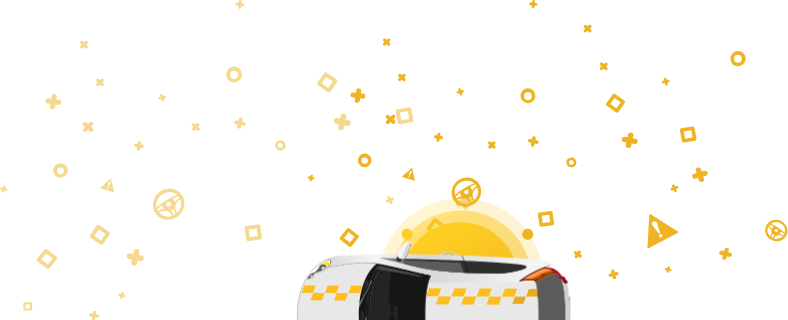 An image of a car with a taxi sign on top, against a yellow background with geometric shapes.