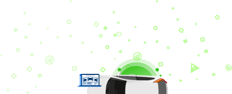 An illustration of an automobile with a laptop showing vehicle photos and a green background with geometric shapes.