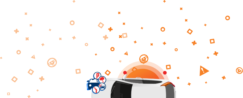 An illustration of a damaged car with icons for air conditioning, parking assist, and heated seats, set against an orange background with geometric shapes.