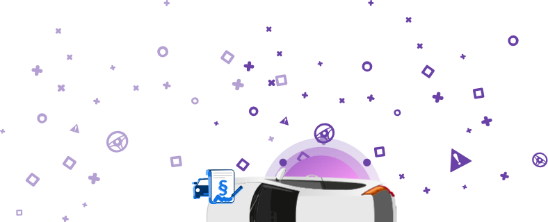 An image featuring a car with a document showing a paragraph symbol and a signature, placed against a purple background.