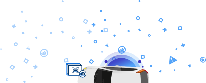 An image featuring a damaged car with a camera icon and a car icon, set against a blue background with decorative elements.