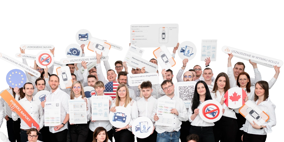 autoDNA team members holding boards with vehicle history report elements