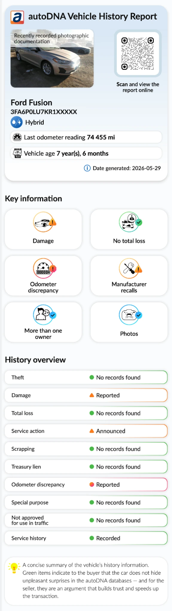 autoDNA Vehicle History Report - prior information