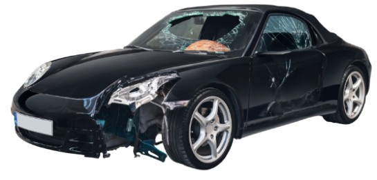 Black Porsche car with crashed front in frame, with Before check/After check in autoDNA switch and report icons in the lower right corner.